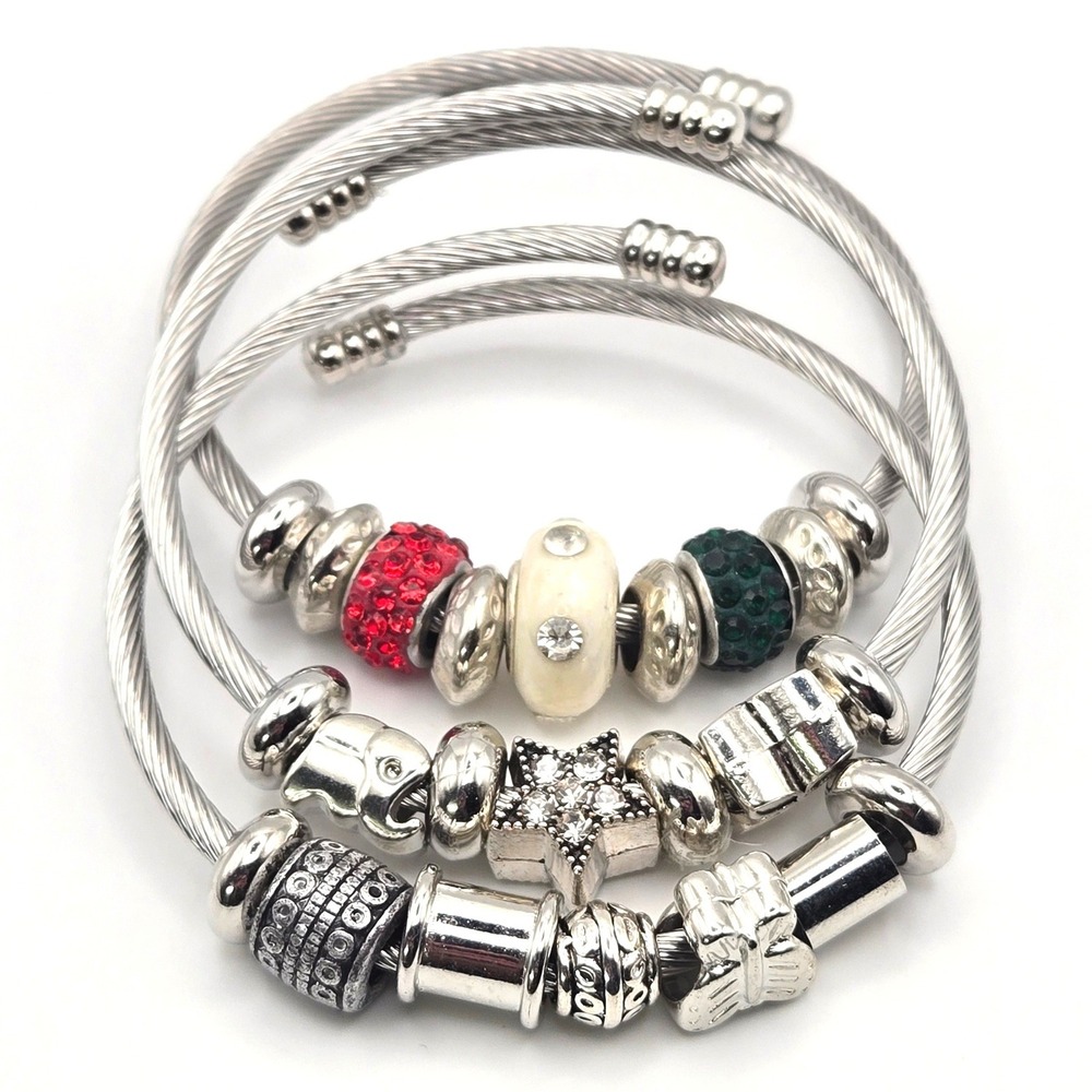 Set of 3 Silver Tone Cable Wire Bypass Bangle Bracelets with Assorted Charms‎
